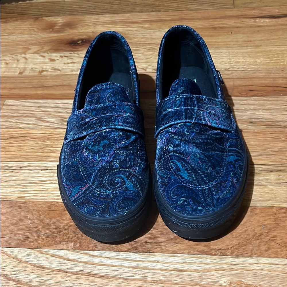 Blue Paisley Velvet Slip-On Vans Platform Penny Loafers